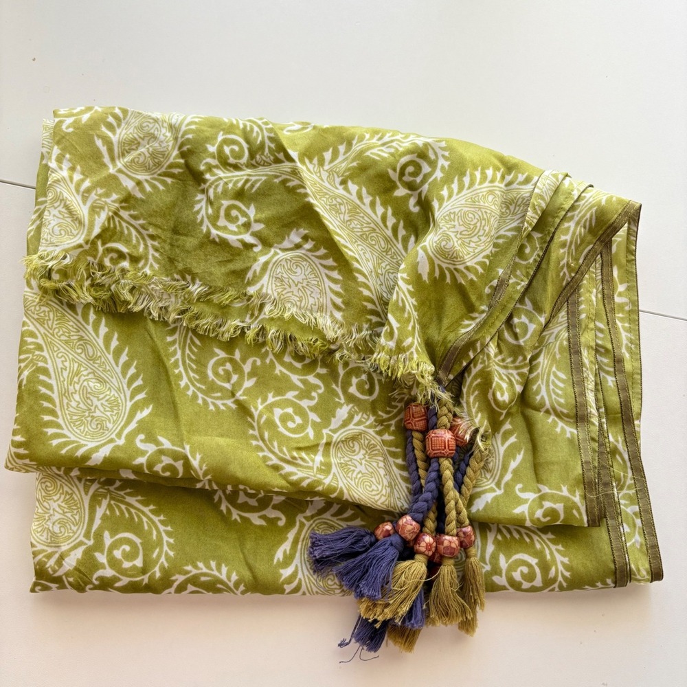 Sete‎ di Jaipur Scarf Women OS Green Paisley Silk Tassel Bead Fringed
